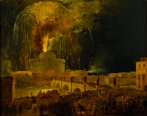 ラ・ジランドラ：ローマのサンタンジェロ城の花火（1830年代 作： Ippolito Caffi