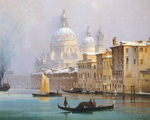 雪に覆われたヴェネツィア』（イポリット・カッフィ作、油彩・キャンバス 作： Ippolito Caffi