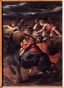La fuite en Egypte - エジプトへの逃避 - 絵画 Ippolito Scarsellino (Scarsella) (1551-1620)、キャンバスに油彩 1585 (101x73 cm) - Musei Capitolini、ローマ 作： Ippolito Scarcella