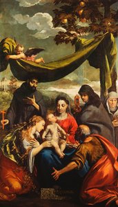 マドンナと子供と聖人のマリアマグデレン、ピーター、クレア、フランシスと修道院の肖像画 作： Ippolito Scarsella