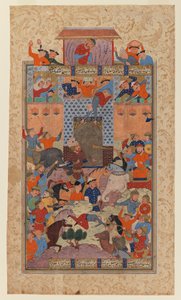 Shahnamehからのフォリオ：イラン人の捕獲Afrasiyabs要塞、c.1580-1590（紙にインクと不透明なトイレ）