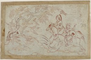 ハヤブサと狩猟する2人の騎手、1640年代 作： Iranian School