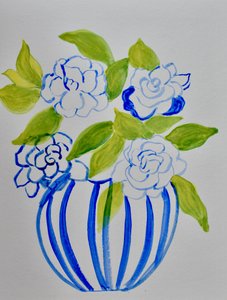 青い縞模様の花瓶に生けた花 作： 