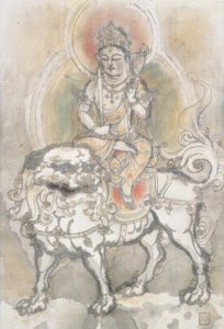 ライオンの上に座っている万寿里の入江はこ 作： Irie Hako