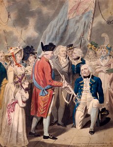 「アール・ハウ提督に剣を差し出すジョージ3世」、c1794 作： Isaac Cruikshank