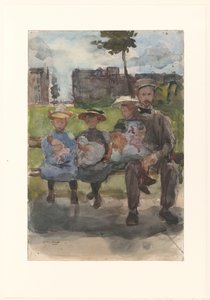 アムステルダムのオーステルパークのベンチに 3 人の女の子を持つ男 作： Isaac Israels