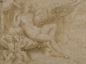 レダと白鳥 (紙にペンとインク、ウォッシュとホワイトのボディカラー) 作： Isaac Oliver