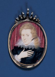 若い紳士の肖像画のミニチュア、c.1615（銀色の金色のフレームが付いたカードに置かれたベラムの水彩画） 作： Isaac Oliver