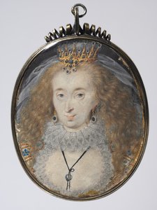 ルーシーラッセルの肖像、ベッドフォード伯爵夫人、c.1608-16（銀の金箔のフレームに金と銀が入ったベラムの水彩画） 作： Isaac Oliver