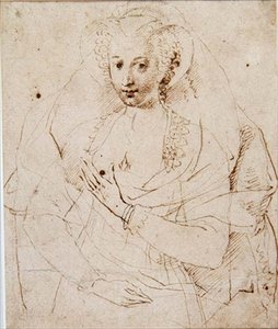 未知の女性の肖像画、正式にはルーシーハリントンと呼ばれるベッドフォード伯爵夫人、ミニチュアのスケッチ（No.3902）c.1605（ペンとインク、紙にチョーク）（58811も参照） 作： Isaac Oliver