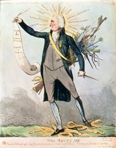 アイザック・クルイックシャンク（1756-1811/16）によるトム・ペインと人間の権利を描いた漫画「Wha Wants Me 作： Isaac Robert (after) Cruikshank