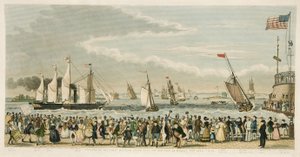 1838年4月23日、ニューヨークのパブにあるグレートウエスタンスチームシップの到着。 1842（手描きの彫刻） 作： Isaac Robert Cruikshank