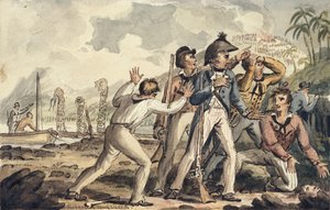殺害された船員を発見するバーニー大尉、「クック大尉の航海」のイラスト 作： Isaac Robert Cruikshank