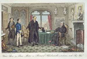 1825年にロンドンで出版されたチャールズモロイウェストマコット（1788-1868）による「The English Spy」からのアルママーターへの最初の弓、またはビッグウィッグへのバーナードブラックマントルの紹介 作： Isaac Robert Cruikshank