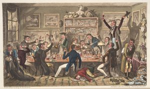 1824年にロンドンで発行されたThe English SpyのOxford Transports、またはUniversity Exiles（手書きの彫刻）