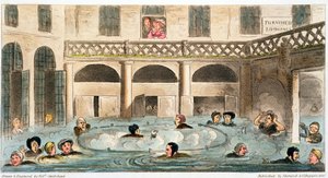 「風呂での公衆浴場、または生きた煮込み」、1825 作： Isaac Robert Cruikshank