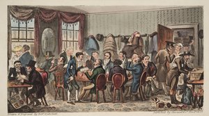 The Bags、Mens Banquet at the Bell Inn、Cheltenham、from the English Spy、pub。 1824（手塗りの彫刻）
