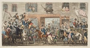 イングリッシュスパイのコミカルな行列。 1824年（手塗りの彫刻）グロスターからバークレー、The English Spy、パブ。 1824（手塗りの彫刻） 作： Isaac Robert Cruikshank