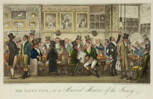1824年に出版された「The Daffy Club, or a Musical Muster of the Fancy」（カラーリトグラフ）。 作： Isaac Robert Cruikshank