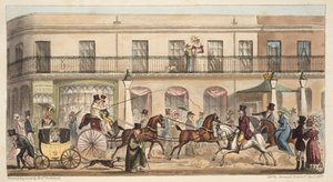 英国スパイ、パブからのハイストリート、チェルトナム。 1824（手塗りの彫刻） 作： Isaac Robert Cruikshank