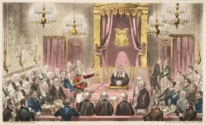 イギリスのスパイ、パブからのハイディベートの貴族院。 1824（手塗りの彫刻） 作： Isaac Robert Cruikshank