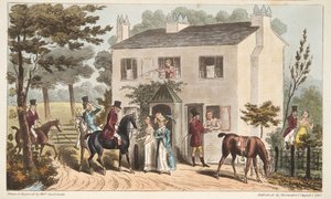 The English Spyのパブにあるオークランドコテージ、チェルトナム、またはフォックスハンターとそのお気に入り。 1824（手塗りの彫刻） 作： Isaac Robert Cruikshank