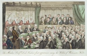1824年に出版された、ウェストミンスターホールにふさわしい人物の中で初めてディックグラドゥスが登場した乙女ブリーフ 作： Isaac Robert Cruikshank