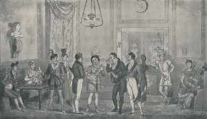 ドゥルーリーレーンシアターのグリーンルーム、1821年、1920年。アーティスト：アイザックロバートクルクシャンク、ジョージクルクシャンク。 作： Isaac, Robert and George Cruikshank