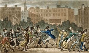 トム、ジェリー、ロジック、ナイトファイトに関与、ピアースイーガン作「ロンドンでの生活」（1772〜1849年）、1821〜22年（色のアクアチント） 作： Isaac, Robert and George Cruikshank