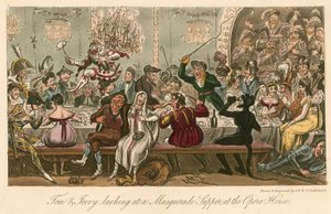 トムとジェリーがロンドンのオペラハウスで仮面舞踏会の晩餐を楽しんでいる 作： Isaac, Robert and George Cruikshank