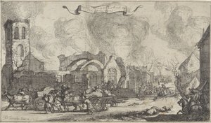 1672年、ニグテヴェヒトの村の廃墟で略奪と銃撃を行うフランス軍 1672 年にフランス軍によって破壊されたユトレヒト州の村と城の 13 枚の画像のシリーズ (シリーズ タイトル) 作： Isaac Sorious