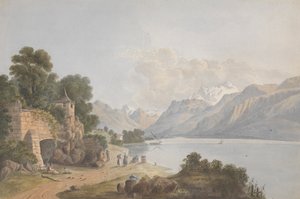 湖、ゲート、フィギュアのある山岳風景 作： Isaac Weld
