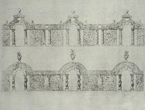 1645年頃に出版された「The Gardens of Wilton」に掲載されているトピアリーのアーケード付き歩道のデザイン（エングレービング 作： Isaac de Caus