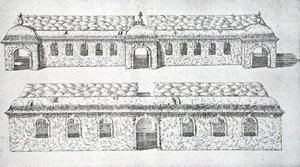 1645年頃の「ウィルトンの庭園」に描かれたトピアリーのアーケード付き通路（エングレービング 作： Isaac de Caus