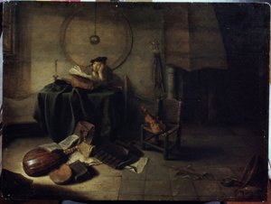 ""Melancholy II"" (Melancholy II (彼のスタジオの科学者)) 音楽を勉強している男性、物思いに沈んだ表情。 Isaac de Jouderville (1613-1648) による絵画、Serpoukhov、国立歴史芸術博物館 作： Isaac de Jouderville