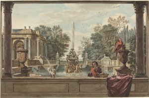 オウム、プードル、男のいるイタリア風庭園 作： Isaac de Moucheron