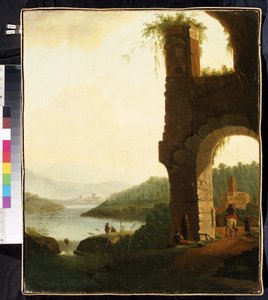 ロマンチックな風景 (ロマンチックな風景)。 Isaac de Moucheron (1667-1744) の絵画。 オランダの芸術、バロック様式。 キャンバスに油彩。 Mikhail Kroshitsky Art Museum、セヴァストポリ (セヴァストポリ) ウクライナ 作： Isaac de Moucheron