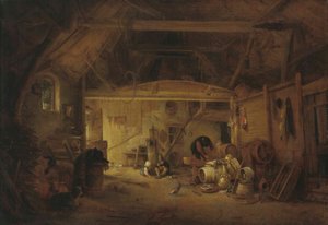 ドイツ語：Scheuneninterieur 食事をする2人の子供と働く男性のいる納屋の内部 作： アイザック・ファン・オスターデ