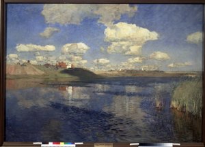 その湖。 葦に囲まれた湖の広がり、海岸、村、耕作地の景色。 Isaac (Isaak) Ilyich Levitan (1860-1900) による絵画、キャンバスに油彩 作： Isaak Ilyich Levitan