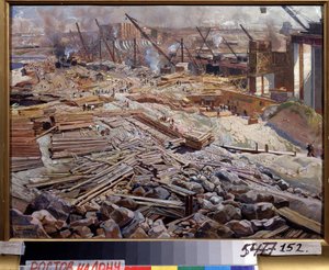 ドニエプル水力発電所の全景。 Isaak Izrailevich Brodsky (Brodsky) (1884-1939) による絵画。 キャンバスに油彩 作： Isaak Israilevich Brodsky