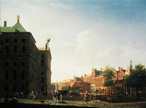 1782年に王宮の裏側を示すアムステルダムのニューヴェジズフォールブルクワル沿いの景色