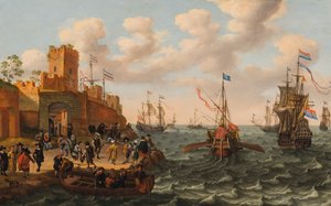 要塞化された町の海岸に沿ったオランダのスリーマスターと教皇のガレー船、1662年頃（パネルに油彩） 作： Isaak Willaerts