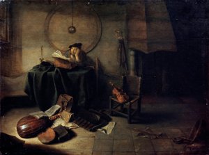 「アトリエのメランコリー II 科学者」、17 世紀のオランダ絵画 作： Isaak de Jouderville