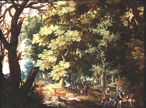 ハンターと猟犬のいる森の風景（銅に油彩） 作： Isaak van Oosten