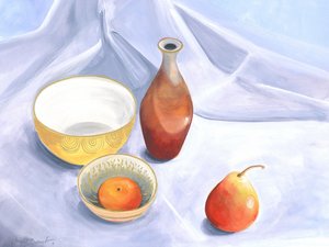 梨とプラムのある静物