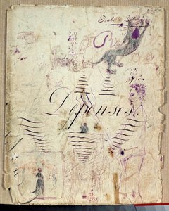 収穫を手伝うアルチュール・ランボー経費支弁書の下書きのシートにイザベル・ランボーが紫のインクで描いた絵 作： Isabelle Rimbaud