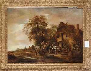 旅館の外で、他の人物や馬とカートでリフレッシュするライダー 作： Isack van Ostade
