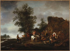 1664年にリバーサイドの居酒屋でリフレッシュした旅行者 作： Isack van Ostade