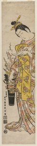花瓶の花に結び付けられた詩のスリップを読む遊女 作： Ishikawa Toyonobu