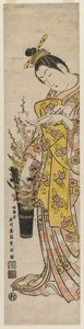 1740年代半ば、花瓶に花に結び付けられた詩の伝票を読む遊女。 作： Ishikawa Toyonobu